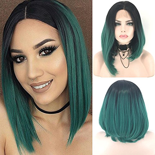 Fennell Natural Looking Short Bob Lace Front Wig Synthetic Green Ombre Wigs Heat Resistant Fiber Hair For Women