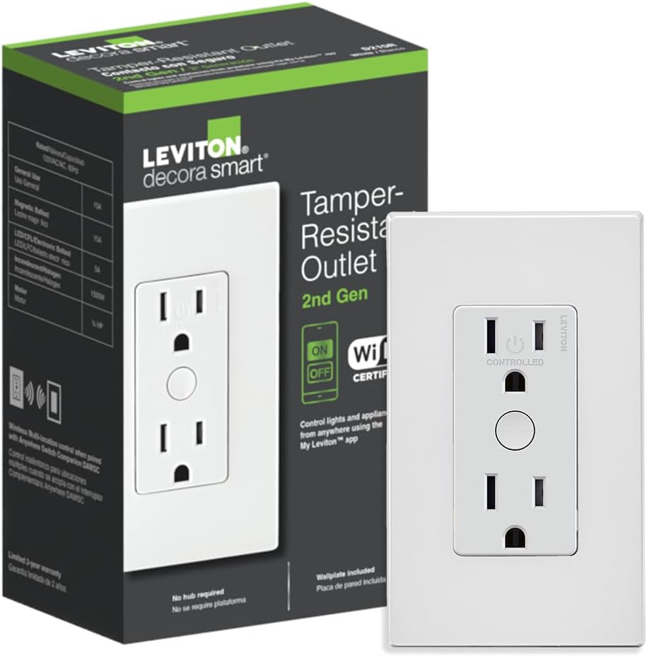 Leviton Decora Smart Outlet, Tamper-Resistant 15A, Wi-Fi 2nd Gen, Works with My Leviton, Alexa, Google Assistant, Apple Home/Siri & Wire-Free Companions for Switched Outlet, D215R-2RW, White