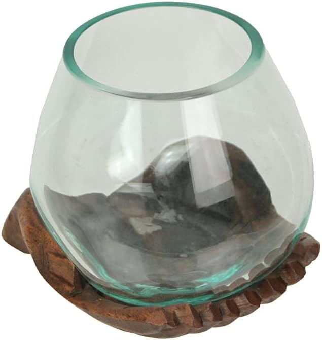 Blown Molten Glass and Carved Wood Hands Decorative Bowl, Vase, and Terrarium, 5 Inches High
