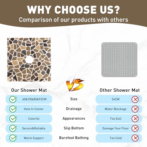 Square Shower Mat Non Slip: 36 x 36 Inch Extra Large Shower Mats with Drain Hole in Middle - PVC Loofah Anti Slip Shower Floor Matt for Inside Shower by Mavicen - Image 3