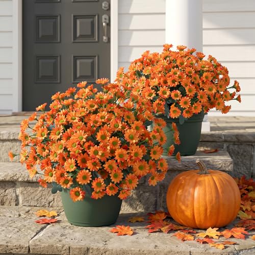 Image of HyeFlora Artificial Mums for Outdoors Fall Decor, 6 Bundles Fake Flowers UV Resistant Realistic Faux Flowers Bouquet Silk Flowers for Outside Planter Porch Patio Garden Yard Balcony Home, Orange