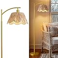 Oneach Arc Floor Lamp for Living Room,Rattan Boho Floor Lamp with Hand-Woven Wicker Shade, Foot Switch,Gold Metal Base & Pole,Farmhouse Standing Lamp for Bedroom Corner,Reading
