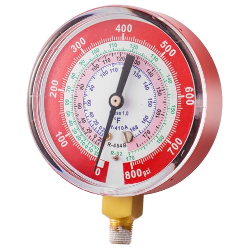 Image of A2L Manifold Gauge, R454B Red High Pressure Gauge, 1 /8 inch Male NPT (80 mm) Refrigerant Pressure Gauges for R-454B R-32 R410A HVAC System, 800 PSI (Red)