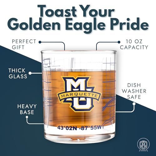 Image of Greenline Goods - University of Marquette Golden Eagles College Whiskey Glasses (Set of 2), 10 oz - Full-Color Logo + Campus Map