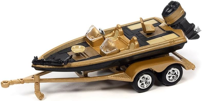 1980 Monte Carlo Light Camel Gold Metallic with Bass Boat and Trailer Limited Edition to 7264 Pieces Worldwide Tow & Go Series 1/64 Diecast Model Car by Johnny Lightning JLBT017-JLSP317B