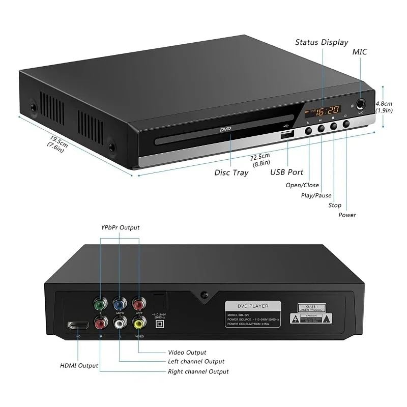 Lettore DVD Portatile, Lettore DVD Full HD Lettori CD/EVD/VCD ad alta definizione 1080P con microfono di uscita e AV