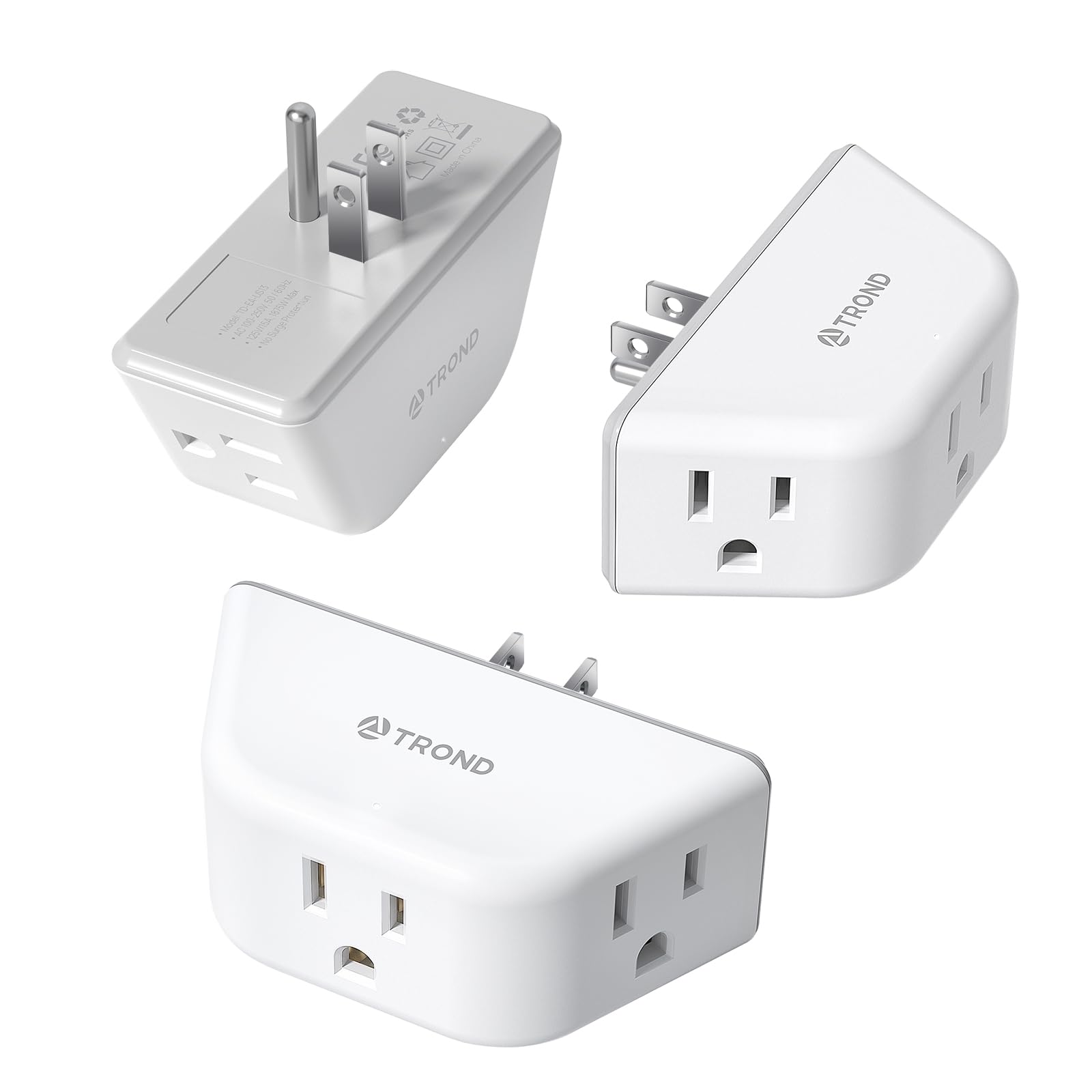 TROND Outlet Extender 3 Pack - Multi Plug Wall Outlet, 3-Prong Grounded ...