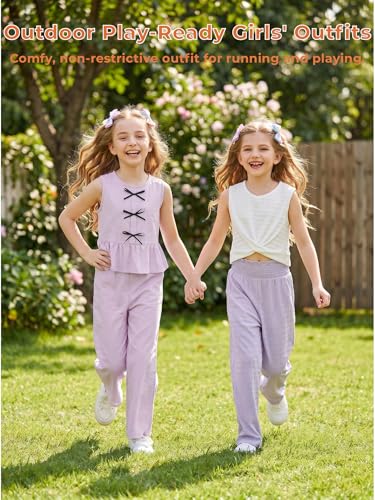 Image of Girls' Clothing Sets Sleeveless Bow Crop Top Wide Leg Linen Pants 2026 Summer Outfits Cute Kids Clothes