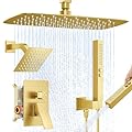 Orovessina Shower Faucet Set, 12" Ceiling Mount Rainfall Shower System with 2 Rain Shower Heads, 2-in-1 Handheld, Solid Brass Pressure Balancing Shower Valve and Trim Kit, Brushed Gold