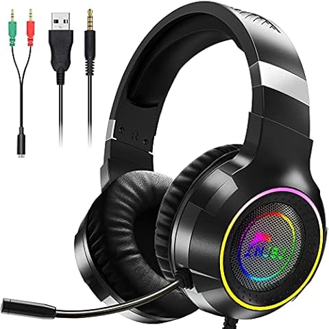 NJSJ Wired Gaming Headset with Mic for PC Xbox /PS4/PS5 with 50MM Driver,USB and 3.5mm Audio Jack,LED RGB Light Headphones with Noise Cancelling for Laptop Mac Nintendo Switch - Black Cover