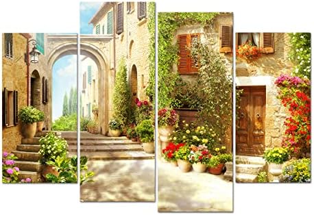 iLOOKLiKE Tuscany Town Canvas Wall Art Old Mediterranean Street with Flowers Wall Decor Italian Rural Village Canvas Prints Cityscape Pictures Artwork Stretched and Framed for Living Room Bedroom