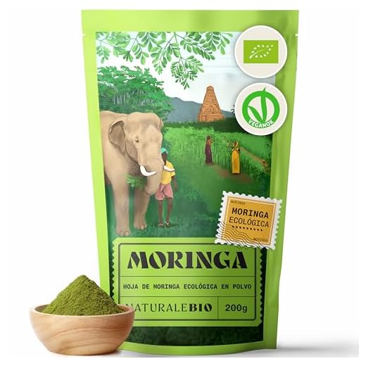 NaturaleBio Moringa Oleifera Ecológica en Polvo - Grado Premium - 200g. Organic Powder. Bio, Natural y Pura. Hojas Recogidas de la Planta de Moringa Oleífera.