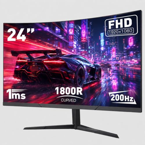 Image of 24 Inch Curved Gaming Monitor, FHD 1080P 200Hz, 1ms Computer Monitor, 1800R Display, Built-in Speakers, AMD FreeSync & G-Sync Compatible, HDMI 2.0, DP 1.4, Low Blue Light