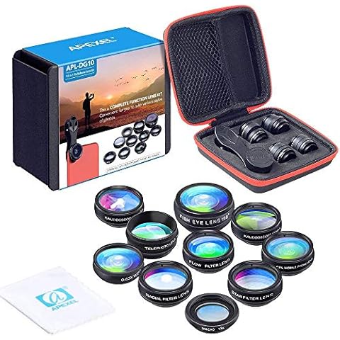 Apexel 10 in 1 Phone Camera lens kit Wide Angle lens, Macro lens, Fisheye lens, Telephoto lens, Kaleidoscope 3/6 lens CPL/Flow/Star/Radial Filter Clip-on Phone for iPhone Samsung Most of Smartphone Cover