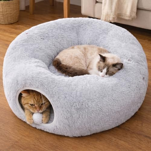 MEOWFIA Indoor Cat Tunnel with Donut Bed - Large Flexible Play Space for Multiple Pets - Circle or Snake Shape Cozy Lounge (Gray)