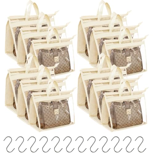 MOAMUN 12 Pezzi Porta Borse Da Armadio Con Cerniera Maniglia e 12 Ganci, Portaborse Da Armadio PVC Trasparente, Organizer Armadio Da Appendere per Armadio Camera Da Letto Soggiorno (3 Dimension)