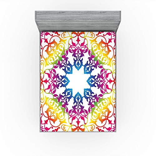 Ambesonne Ethnic Fitted Sheet, Abstract Ombre Vivid Rainbow Colored Mandala Tie Dye Effect Flower Kids Hippie Print, Soft Decorative Fabric Bedding All-Round Elastic Pocket, Full Size, Purple Blue