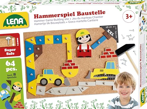 Lena 65828 Hammerspiel Nagelspiel mit 64 bunten 8 Baustellen Teilen Grundplatte aus Kork ca. 28 x 19 5 cm Hammer und Nägel Klopfspiel für Kinder ab 3 Jahre Hämmerchenspiel Mehrfarbig