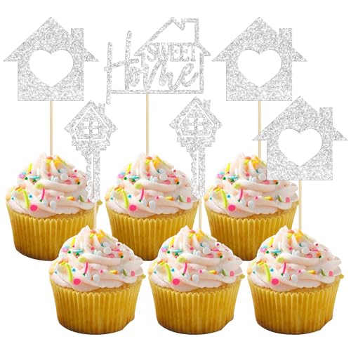Gyufise 24 Pack Silver Sweet Home Cupcake Toppers Glitter Key Housewarming Cupcake Picks Decorations for New Home Theme Party Cake Decorations Supplies