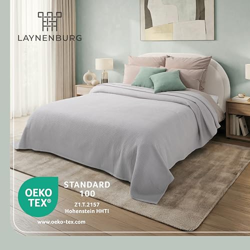 LAYNENBURG Premium Tagesdecke 150 x 200 cm - Waffelpique 100% Baumwolle - leichte Sommerdecke Waffeloptik - Baumwolldecke als Bett-Überwurf, Sofa-Überwurf, Couch-Überwurf - Sofa-Decke (grau)