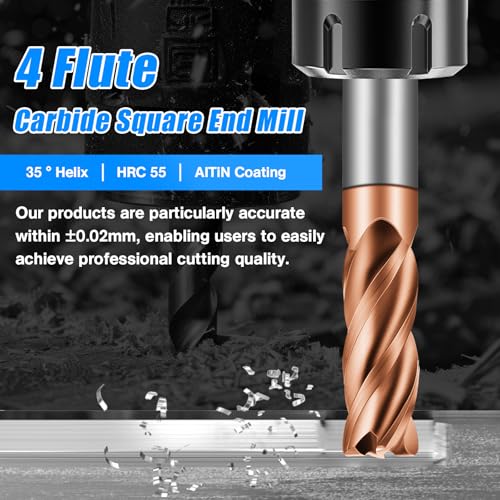 Image of 1 /4 inch Carbide End Mills - 4 Flute Square End Mill with AlTiN Coating, HRC 55 Deg, 4T Tungsten Milling Bits for Stainless Steel, Hardened Steel, Cast Iron, Copper, Alloys & More
