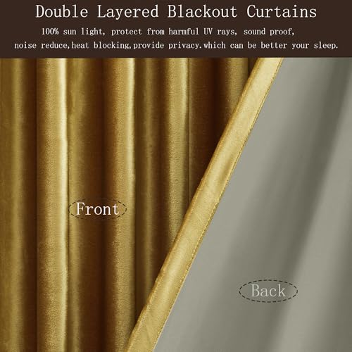 Image of 100% Blackout Gold Velvet Curtains 102 inch Long for Living Room,Elegant 2 Panels Back Tab Thermal Insulated Room Darkening Curtain with Liner Heavy Noice Reducing Soundproof Window Drapes for Bedroom
