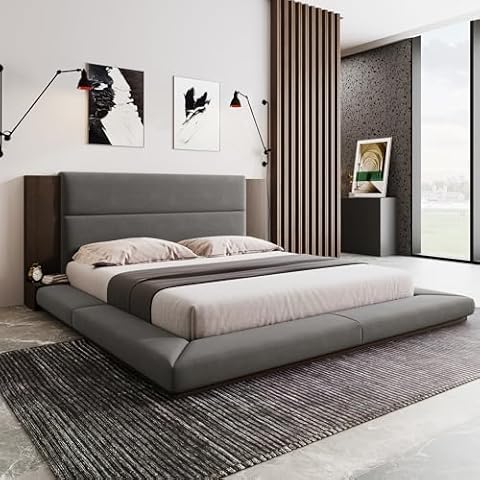 XD Designs Modern Queen Size Upholstered Floor Platform Bed with Extended Wood Headboard & Bedside Shelf, Velvet Fabric Grounded Bed Frame with Sturdy Slats Support for Bedrooms Cover