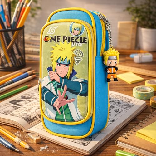 Image of KiddiBox One Piece Anime Pencil Case, Double Zipper Stationery Pouch with Character Charm, School Supply with Keychain (Blue and Yellow)