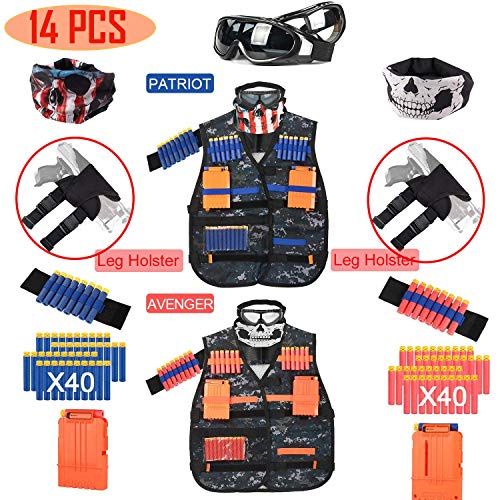 i.VALUX Tactical Vest Kit for Nerf Guns N-Strike Elite Series, Vest Tactical Kids [2 Pack] with Top Goggles & Mask, Refill Darts, Tactical Holster, Reload Clips, Wrist Band, Nerf Guns Kits for Boys