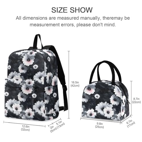Backpack Lunch Box Set Large Capacity Travel Backpacks and Insulated Lunch Bag for Commute Hiking Picnic White Daisy Pattern Print2