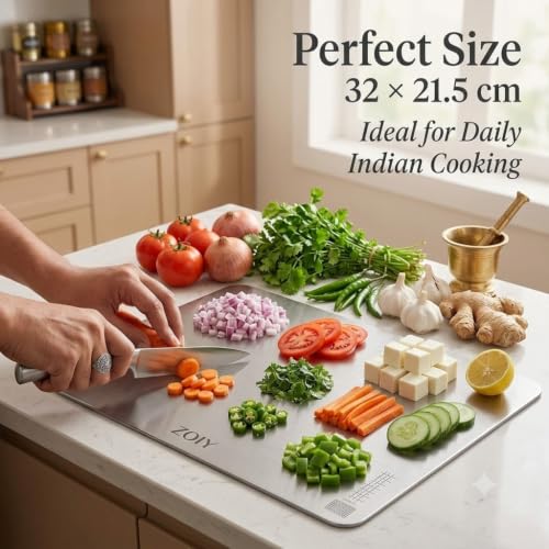 Image of Food Grade Stainless Steel Cutting Board for Kitchen - 32 x 21.5 cm Heavy Duty Chopping Board, Hygienic Non-Porous Surface, Rustproof Metal Pastry Board for Meat, Vegetables & Fruit