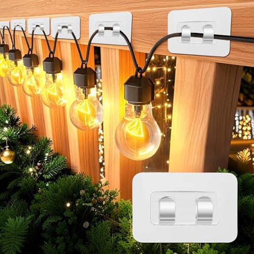 Stuzos 30Pcs Clips for Christmas Lights Outdoor,Hooks for Outdoor String Lights Clips,Outdoors Sticky Clip,Heavy Duty Light Hook with Waterproof Adhesive Strips, Christmas Lighting Patio Decor
