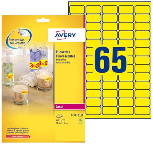 Étiquettes autocollantes jaunes fluo AVERY 38.1x21.2mm L7651Y