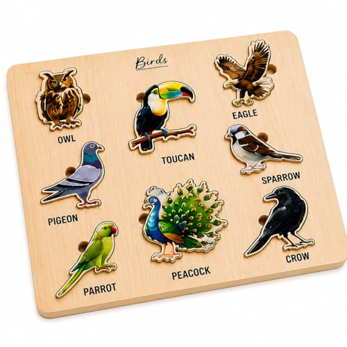 Image of Wooden Name Puzzle for Toddlers 2+ Years | Montessori Letter Matching & Name Recognition Learning Toy | Alphabet Educational Puzzle for Preschool Boys & Girls (Birds)