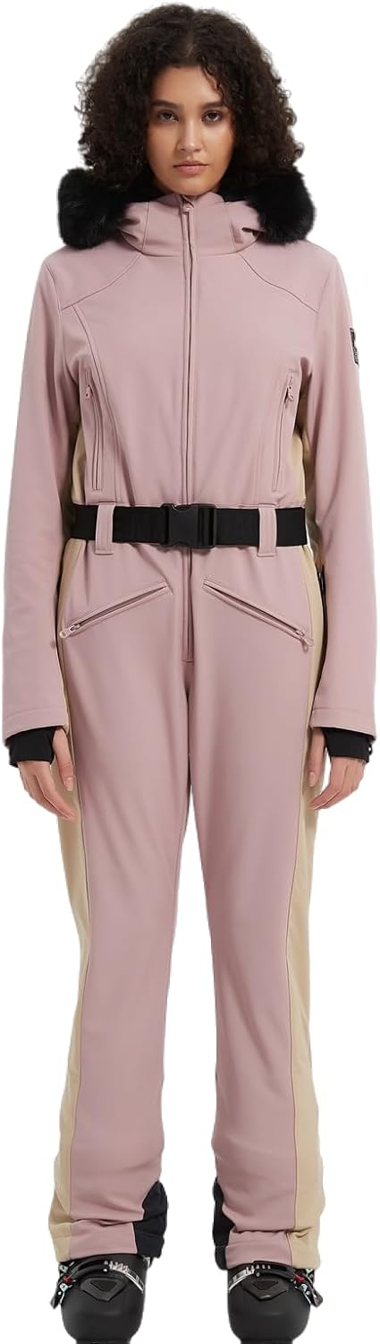 Women's One Piece Snowsuit Ski Suit Slim Fit High Collar Hood Zipper Jumpsuit Snowboard Waterproof Windproof Jacket