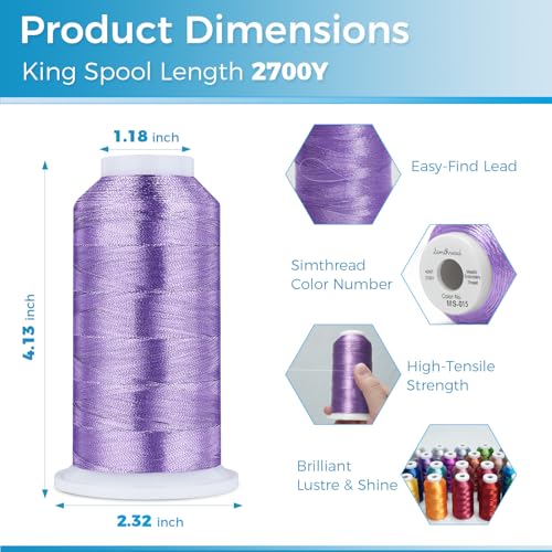 Image of Simthread 2700 Yards Metallic Embroidery Machine Thread - Amethyst MS-015, 40wt High-Sheen King Spool, Smooth Running & Break Resistant for Commercial & Home Embroidery Machines