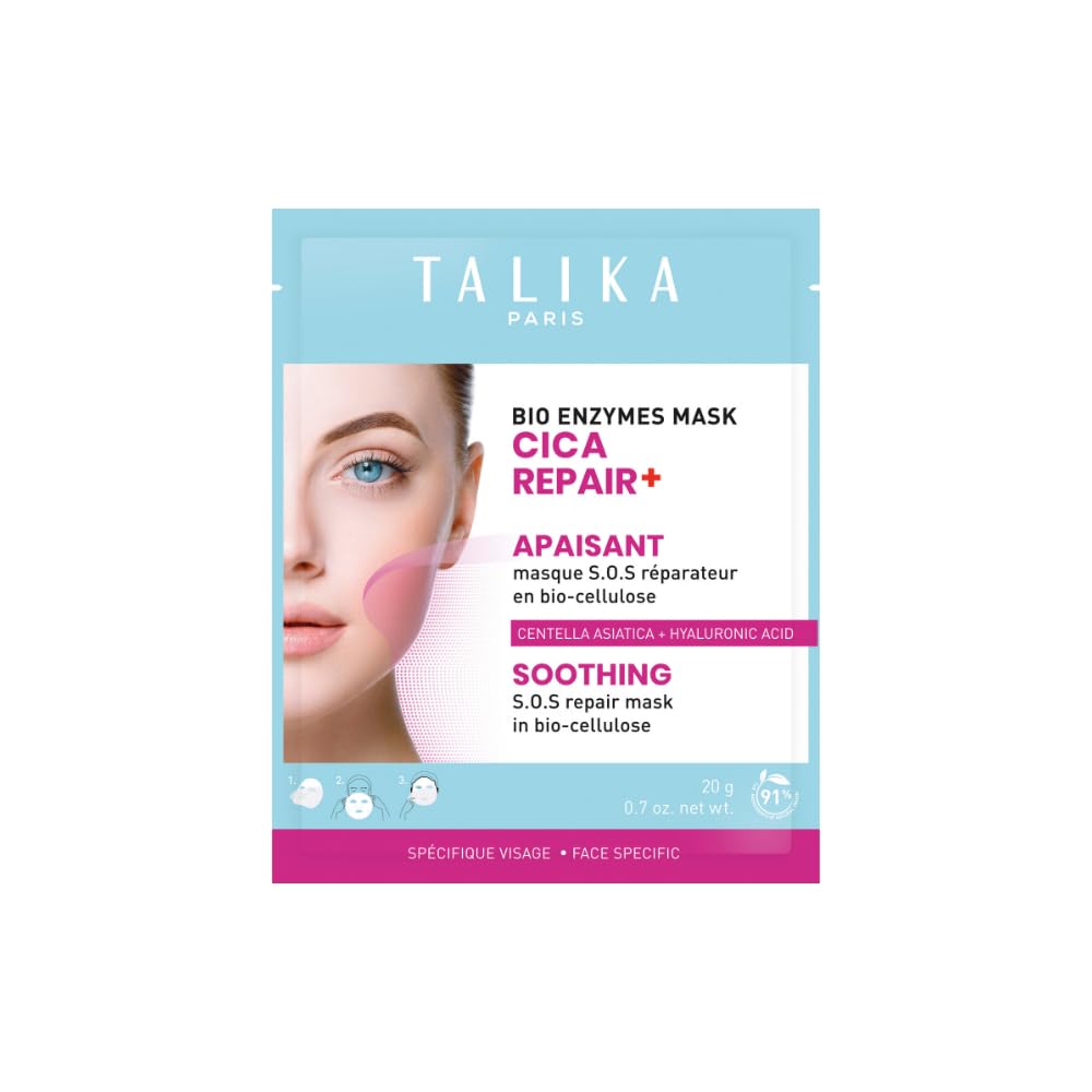 Talika Bio Enzymes Mask - Cica Repair+ Soothing Biocellulose Face Mask | Centella Asiatica & Allantoin for Calming Irritated Skin | Deeply Hydrates, Repairs & Strengthens Skin Barrier