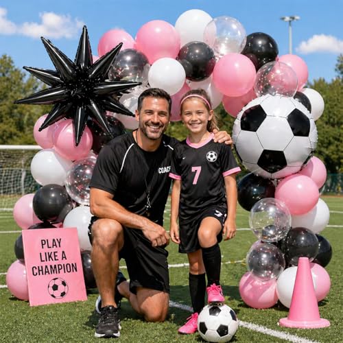Image of Light Pink and White Soccer Balloons, 12 Inch Pastel Pink and Black Clear Soccer Balloons with 22 In Soccer Ball & Black Star Foil Balloon for Game Day Sports Football Theme Birthday Party Decorations