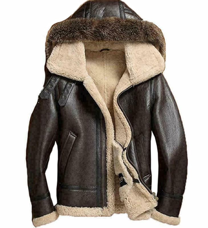 Men Real B3 Leather Shearling Sheepskin Raccoon Fur Detachable Hood RAF Winter Jacket