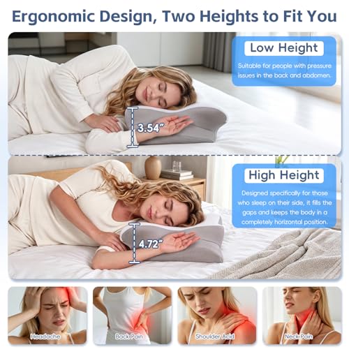 Image of Cervical Neck Pillow, Memory Foam Pillows for Neck and Shoulder Pain Relief, 2 Heights Ergonomic Pillow with Breathable Ice Silk Cover, Neck Support Pillow for Side Sleepers White
