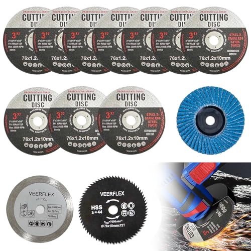 Lot de 13 disques à tronçonner de 76 mm pour meuleuse d'angle - Pour alésage de 10 mm - 4 types de disques abrasifs pour couper le métal, le plastique et...