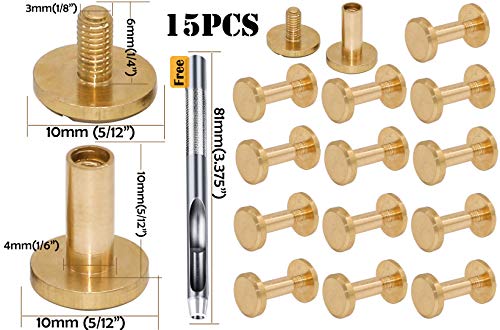 15PACK Brass Chicago Screws Rivets Bookbinding Stud Screws Nail Rivet Flat Head Screwing Fasteners Screw Posts Chicago Screw DIY Purse Collar Belt Shoes Case Jean Leather D10 (Height 10mm, Gold)