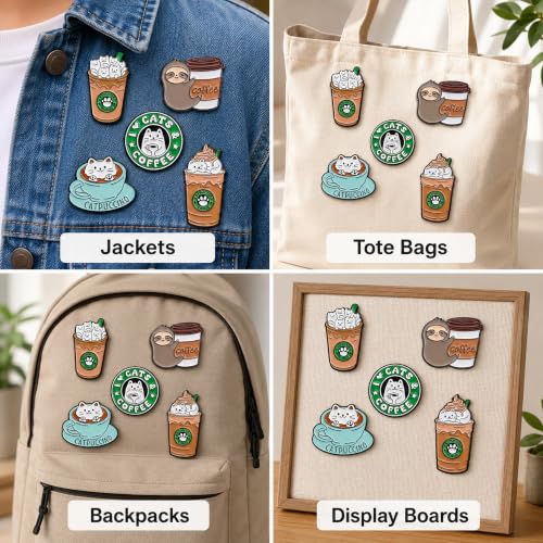 Image of 5Pcs Cute Coffee Cat Sloth Enamel Pin Set Cartoon Animal Coffee Cup Brooch Badges, Funny Lapel Pins for Backpacks, Jackets, Bags, Coffee Lover Gift