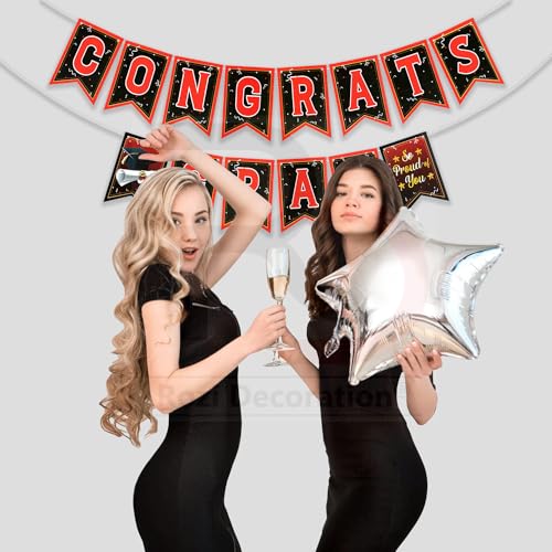 Image of Rozi Decoration Graduation Party Banner Set, Black and Red Decorative Banners Cardstock with Adjustable Ribbon, Congrats Grad Theme
