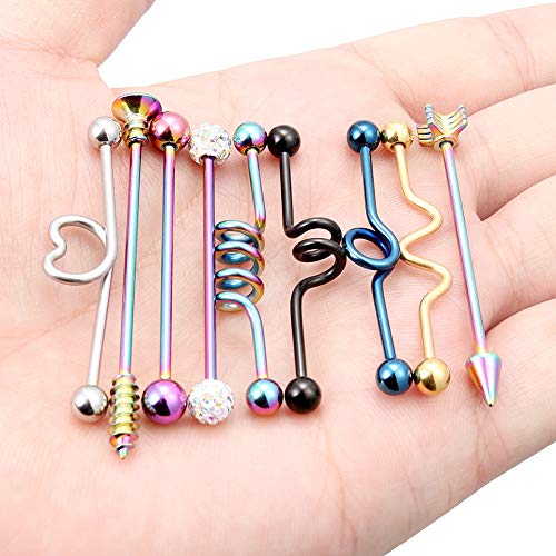 Dyknasz 9Pcs 14G Surgical Steel Industrial Barbell Earrings Arrow Screw Ball Cartilage Helix Piercing Body Jewelry For Women Men Black Rainbow Gold Silver Heart Twister Spiral Coil 38Mm #TOP5