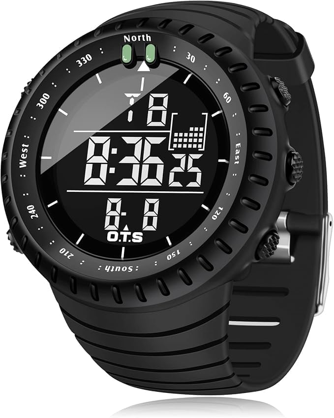 Falyzel Men's Digital Sports Watch - Tactical Military Outdoor Wristwatch with LED Backlight, Stopwatch, Alarm Clock, Water Resistant to 50M/164FT, Black