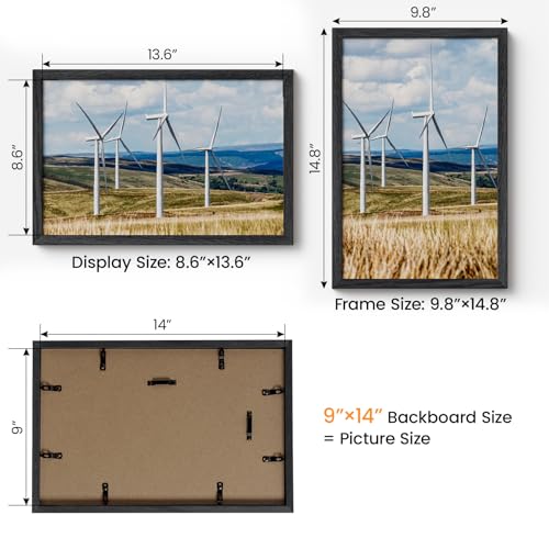 Image of 9x14 Picture Frame,Solid Oak Wood 9 inchx14 inch Photo Frame, Black Color Tempered Real Glass 9 by 14 Wooden Frames with No Mat,14x9 Picture Frames for Wall or Tabletop Display