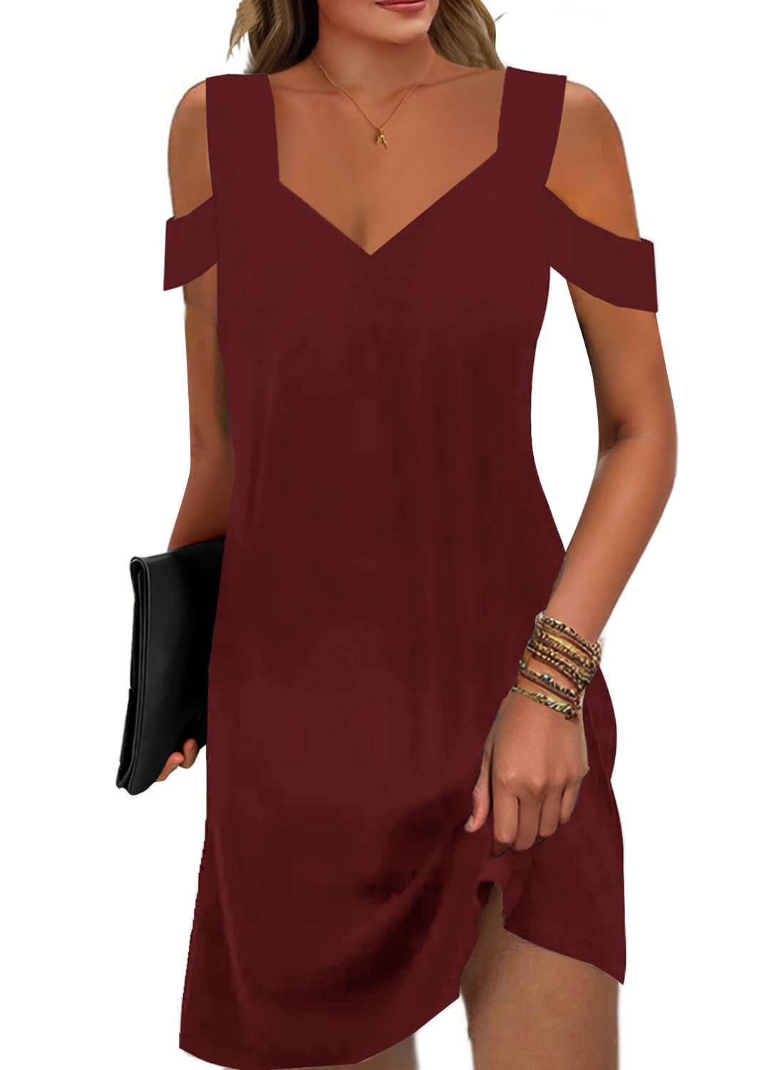 Soesdemo Womens Summer Dress Cold Shoulder V Neck Floral Printed 2024 Fashion Sundress with Pockets