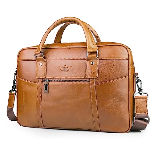 BAGZY Sacoche Cuir pour Ordinateur Portable 15.6 Pouces - Cartable Homme Porte Document en Cuir Véritable Rétro - Mallette de Voyage Travail Sac à...