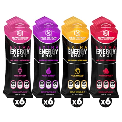 Image of NewTrition Extra Strength Energy Shots 1.7 fl oz - 250mg Caffeine with B Vitamins & Amino Acids, Sugar-Free Zero Calorie Vitamin Energy Drink for Focus & Endurance (Pack of 24, 4 Flavors - Mixed 3)